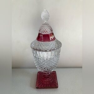 Vintage Westmoreland Waterford Ruby Flashed Footed Candy Jar & Lid Made in USA